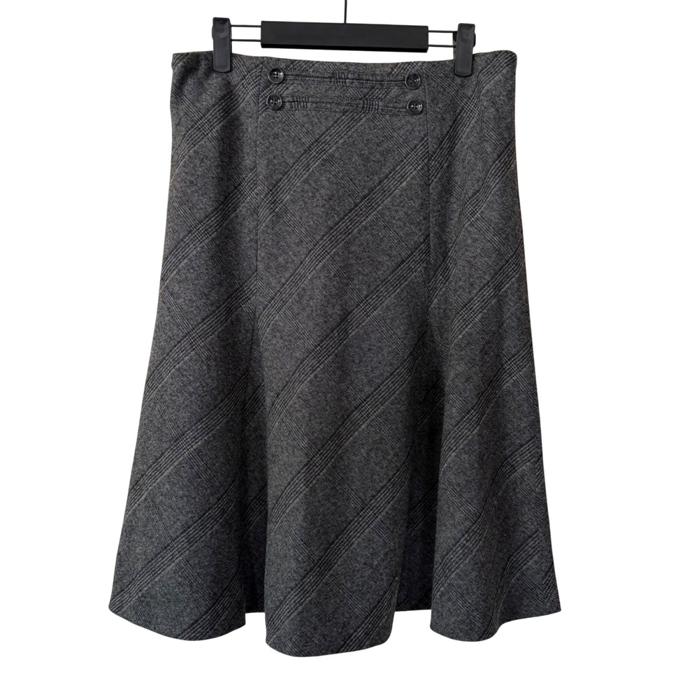 Dalia Collection Gray Plaid A-Line Midi Skirt Size 6 Button Detail Stretch